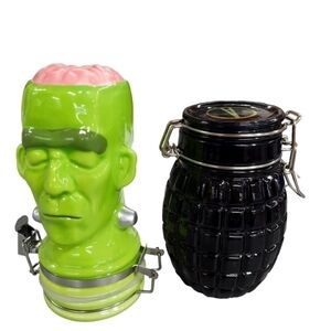 Lot Set of 2 Herb Containers Zombie Frankenstein Grenade NEW Art Jar Air Tight